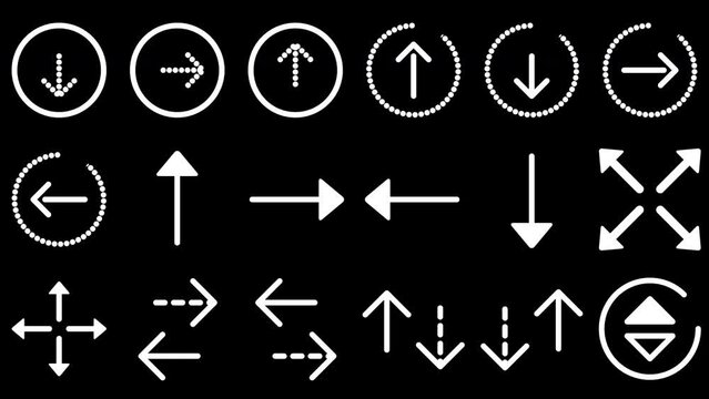 Dotted and flat design arrow collection, 4k video animation. Animated direction arrows, 30 fps alpha channel background. Useful for data exchange, map, website, app, digital projects.