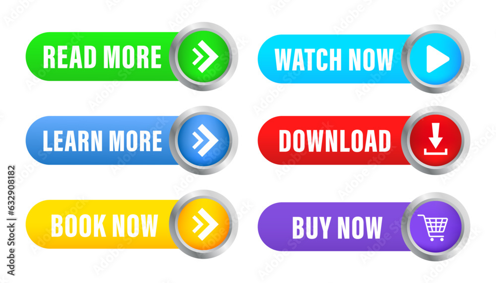 Poster set of vector modern material style buttons. various gradient colors and icons on oval shapes. learn