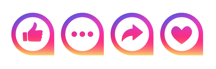 Speech bubbles in 3d style with gradients. Social media user interface icons. Like, comment, share and save icons. Blog concepts for website, web page, promotional materials. Vector illustration