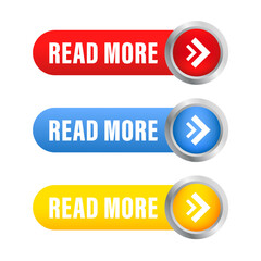 More colorful buttons set. Red, blue and yellow button. Trendy read more button for web site, label, banner, sticker. Business concept. Click here. Glossy button. UI UX, website. Vector illustration