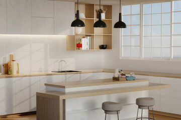 Minimal cozy kitchen white modern interior in farmhouse style. nordic kitchen in loft apartment. 3D rendering.