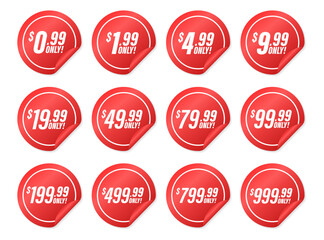 Discount price tag from 0.99 to 999.99 dollar set. Special sale offer advertising with price-off label template. Save money with clearance purchase shop product price sticker. Vector illustration