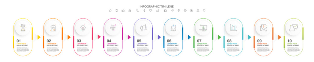 Timeline vector infographic with infochart and arrows. Business modern template presentation with 10 steps and icons for the process. Art template on white background with ten circles