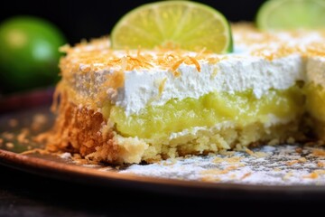 close-up of key lime pie slice with textured crust