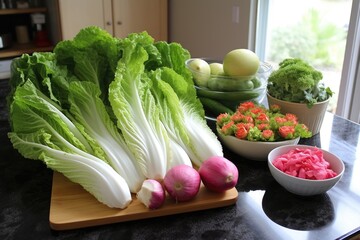 preparing ingredients: napa cabbage and radish