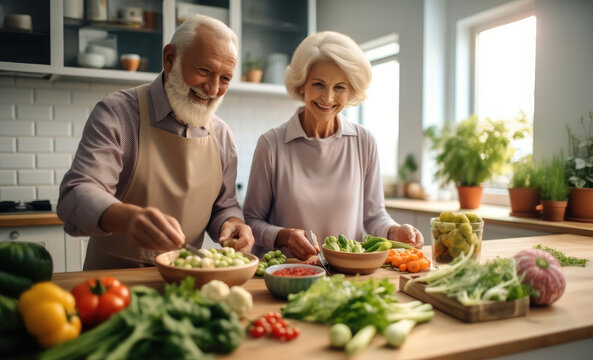 Happy seniors prepare vegan food in modern kitchen at home.