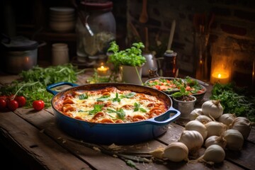 freshly baked lasagna in a rustic oven dish