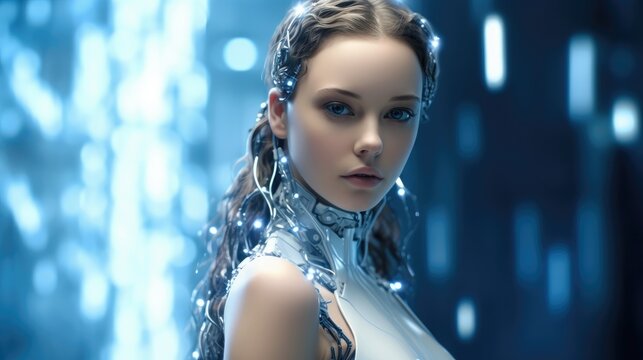 Beautiful Cyber girl, Concept of future technologies.