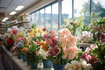 Grocery Stores Floral Department With Various Of Flowers, Generative AI