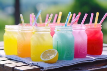 lemonade in mason jars with colorful straws on a picnic table