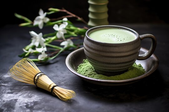 Matcha Latte With A Bamboo Whisk And Scoop