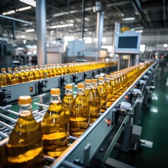 Process of beverage manufacturing on a conveyor belt at a factory.