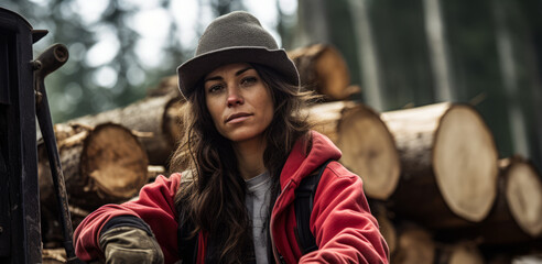 Fototapeta na wymiar Young logging worker woman at work. Generative AI.