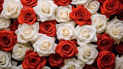 Fototapeta premium Flowers wall background with red and white roses, Top view, Wedding concept.
