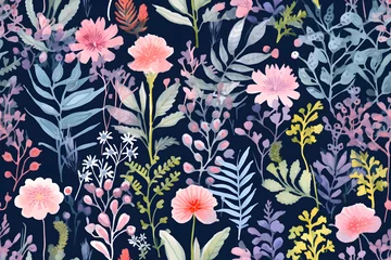 Fototapeten Wild Flowers bloom watercolor  seamless pattern  © Oksana