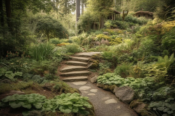 Rustic woodland garden with a winding path, Landscape Design, 