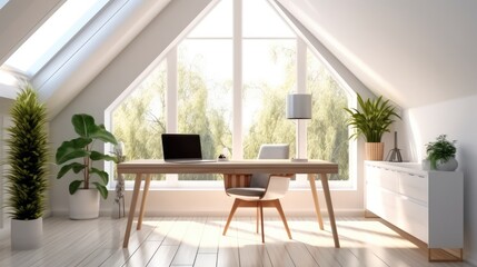 Fototapeta premium White walls with desk and sunlight rays streaming through windows, Home office for remote work.