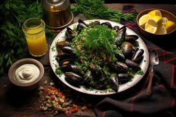 mussels with garlic butter sauce on a rustic plate