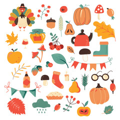 Thanksgiving theme set of items and symbols autumn. Colorful, bright vector handmade . All objects are separated. Vector illustration