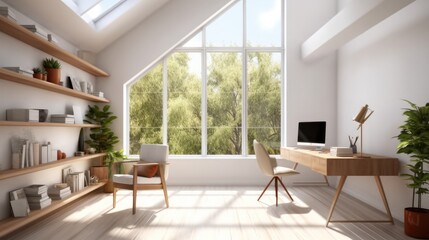 White interior of workplace at Home office for remote, Work Bright minimalist interior, Trendy design.