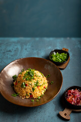 Typical traditional dish called Arroz chaufa, which is a fusion between Peruvian and Asian food.