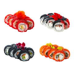 Four varieties of mouth-watering sushi roll sets decorated with flowers, isolated on white.