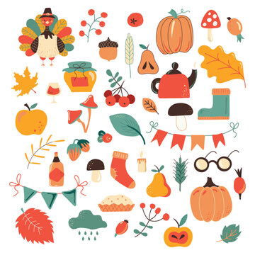 Thanksgiving theme set of items and symbols autumn. Colorful, bright vector handmade . All objects are separated. Vector illustration