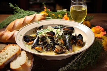 Fototapeta na wymiar steamed mussels in white wine sauce on a plate
