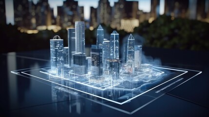 Modern buildings hologram, Real estate business and building technology concept.