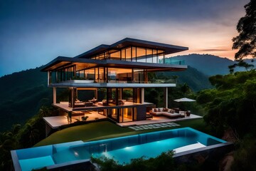 Naklejka na ściany i meble luxury resort hotel, A house nestled amidst a beautiful hill, surrounded by lush vegetation. The house boasts a captivating rooftop swimming pool