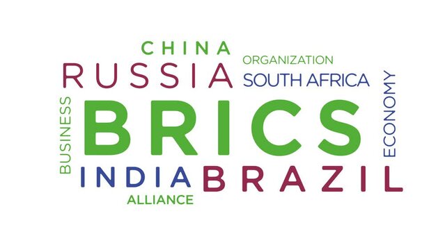 BRICS kinetic text abstract concept loop animated. Brazil Russia India China South Africa word typography seamless looping 3d animation.
