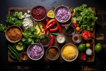 colorful ingredients for nachos laid out neatly