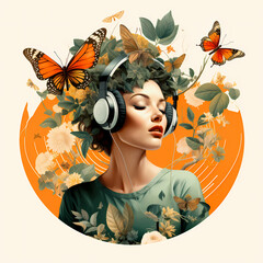 Art deco, vintage, baroque style illustration of the woman surrounded by butterfiels, flowers and leaves. She has headphones and is listening to music