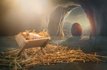 Birth and resurrection of Jesus Christ, manger in Bethlehem, empty grave tomb with shroud, religion...