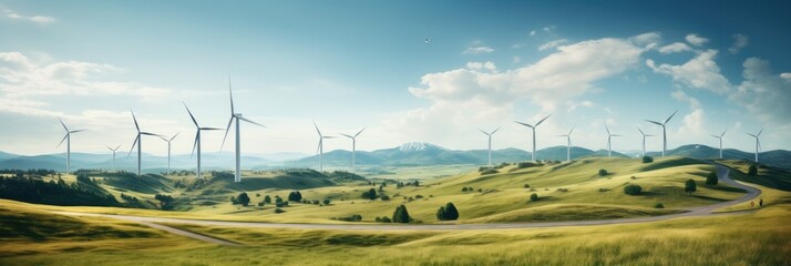 Wind turbines in the background of tranquil countryside, Renewable energy sources integrated into daily life. Banner.