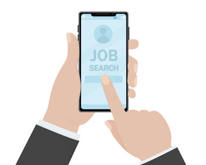 Job search with magnifying glass hand in suit business style resume evaluation worker with phone background screen vector illustration