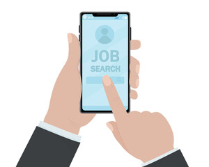 Job search hand in business style suit with phone on white background screen vector illustration