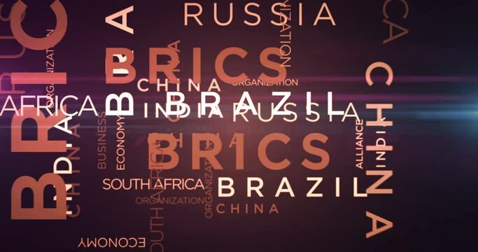 BRICS kinetic text abstract concept loop animated. Brazil Russia India China South Africa word typography seamless looping 3d animation.