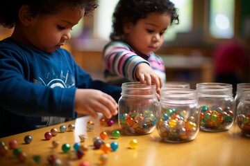 Kindergarten Students Counting Colorful Marbles, Generative AI