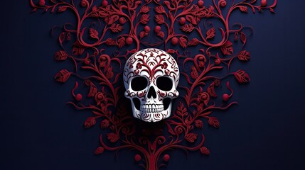 scary halloween skull decorated with flowers, paper cut