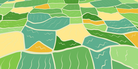 Bird eye perspective view on farm field with harvest in flat style. Abstract pattern of farmland with grass, barley, wheat, rye, corn and soy bean. Agricultural plants. Cartoon landscape with texture © Kusandra