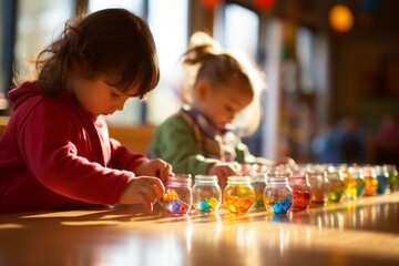 Fototapeta na wymiar Kindergarten Students Counting Colorful Marbles, Generative AI