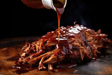 bbq sauce dripping from juicy pulled pork - obrazy, fototapety, plakaty