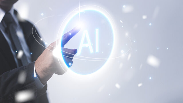 Businessman on blurred background using digital artificial intelligence interface 3D rendering