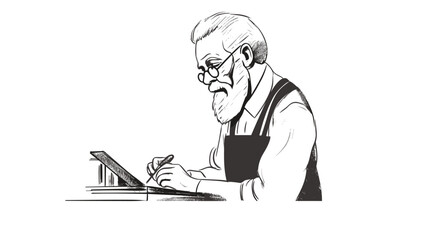 Drawing of an elderly man working at a table on a white background vector