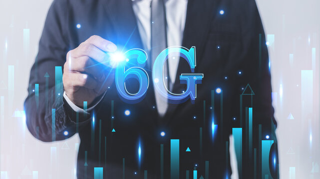 Businessman hand drawing 6G network hologram on white background. Technology and communication concept. Double exposure - Powered by Adobe