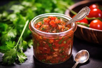 delicious homemade salsa in a glass jar with a spoon
