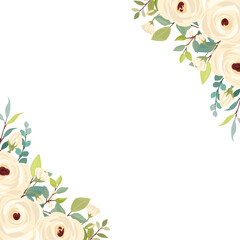 border with a bouquet of flowers. White roses, green leaves. Floral poster, invite and greeting card.
