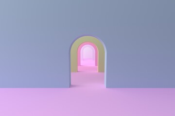 3d rendering of abstract interior design. Empty modern showroom with architectural elements, circular arc, round opening. Luxury background