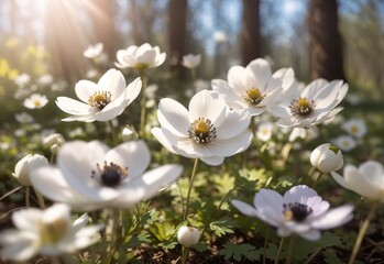 Obraz premium Beautiful white flowers of anemones in spring in a forest close-up in sunlight in nature